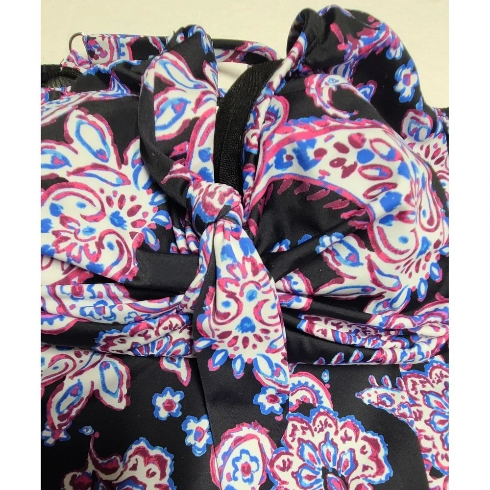 Swim Solutions Women's Paisley Twist Knot Swim Dress One Piece Black Purple